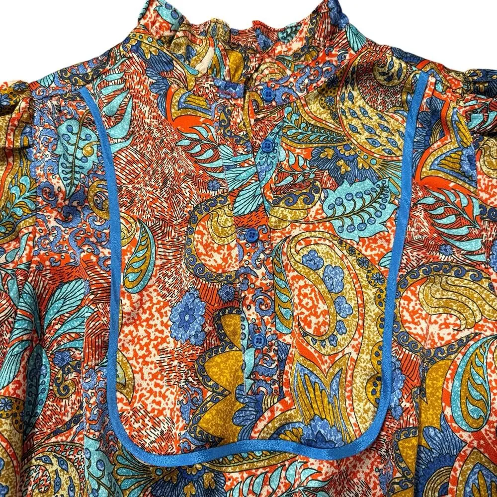 Joy joy Womens silk-like blouse, reds, blues, marigold paisley floral pattern, L